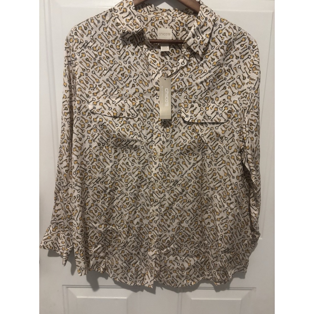 NWT Chico's Blouse Long Sleeve Silky Key Print Size 2 Lg Ivory Button Up Women's
